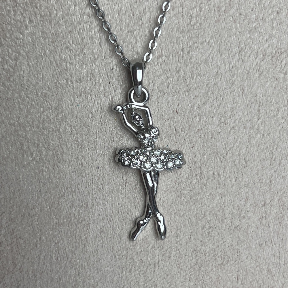 Silver Tone Ballerina Dance Necklace Clear Crystal Rhinestone Skirt